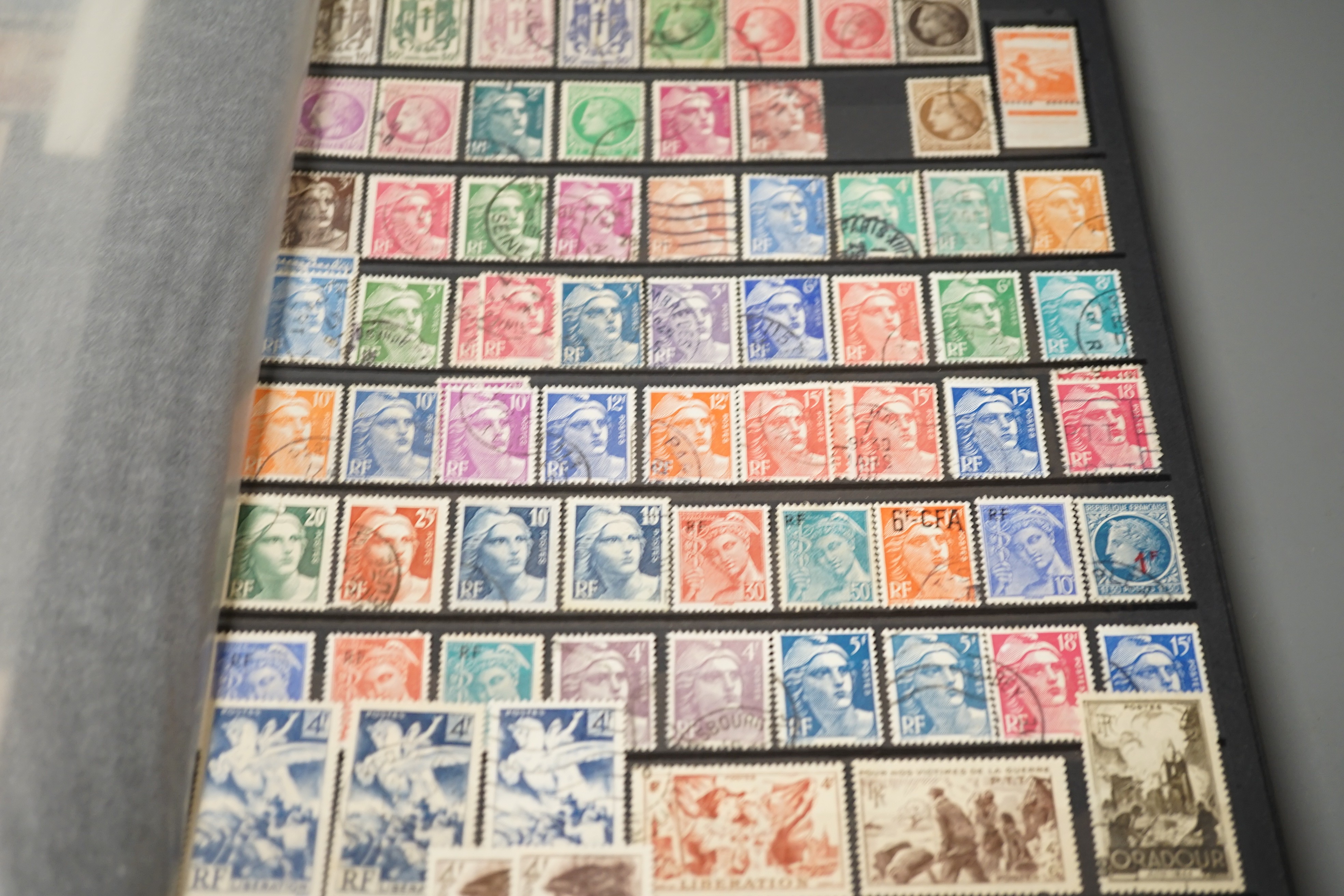 France stamp collection in 2 albums and stock book. Mint and used from early issues to modern including 1937 museum pair used, 1938 50Fr ader used